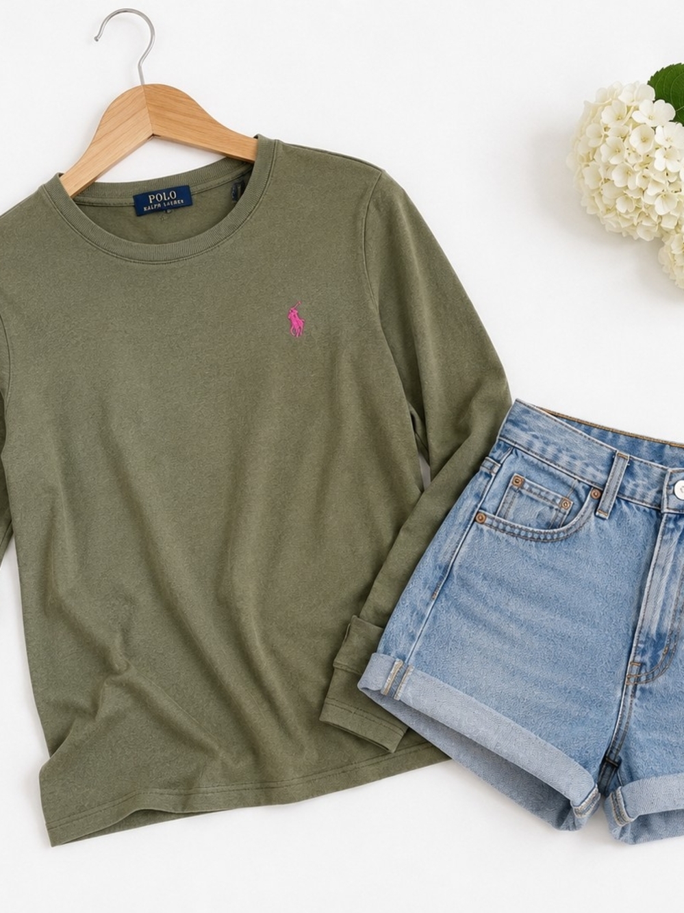 Olive Long-Sleeve Crewneck Top with Pink Embroidery - Picture 2 of 5